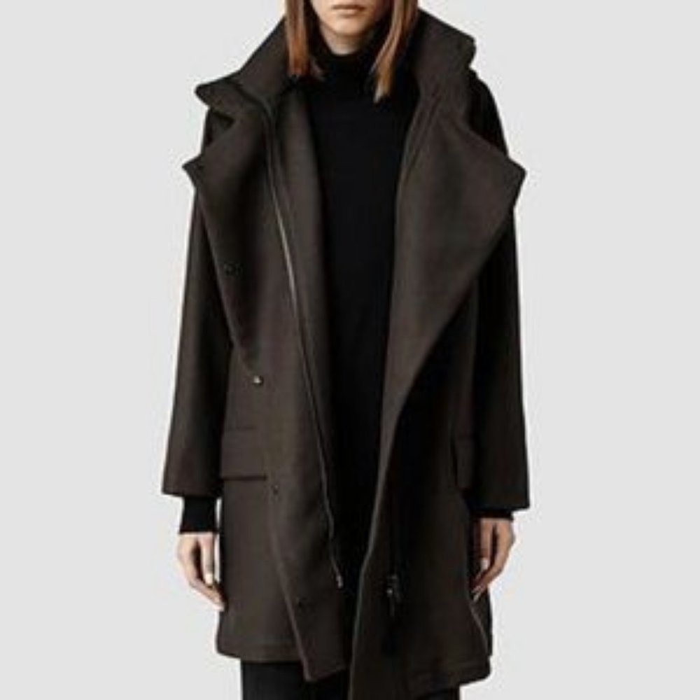 ALL SAINTS Astala Hooded Wool Parka in Black